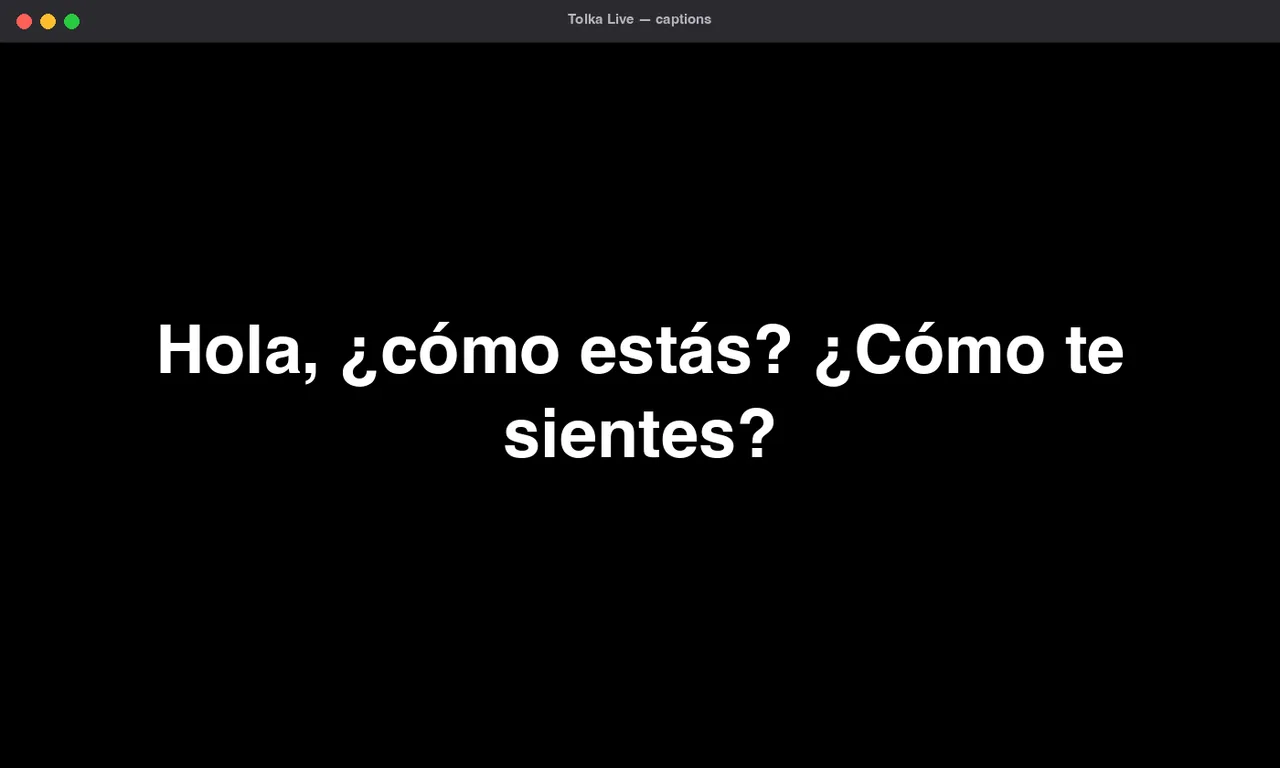 Tolka Live en modo pantalla completa con subtítulos grandes