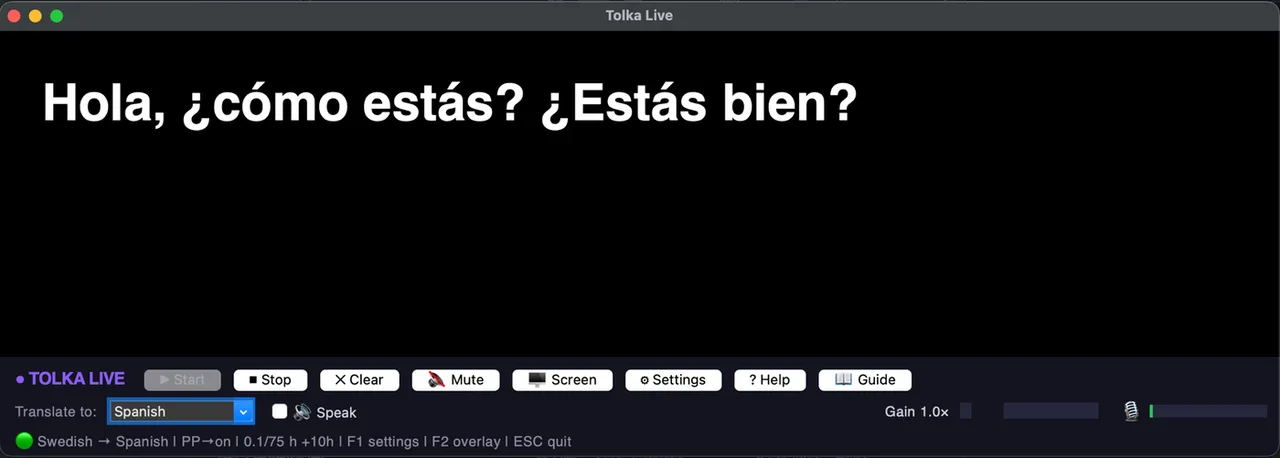 Ventana principal de Tolka Live con controles y traducción en vivo