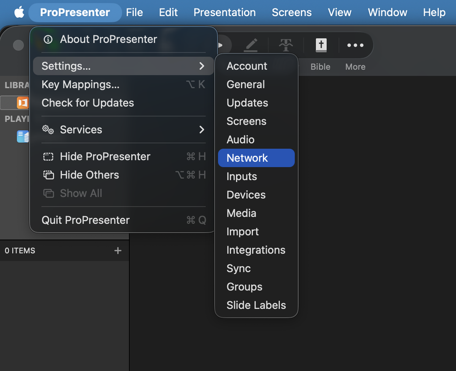 ProPresenter-menyn: Settings → Network