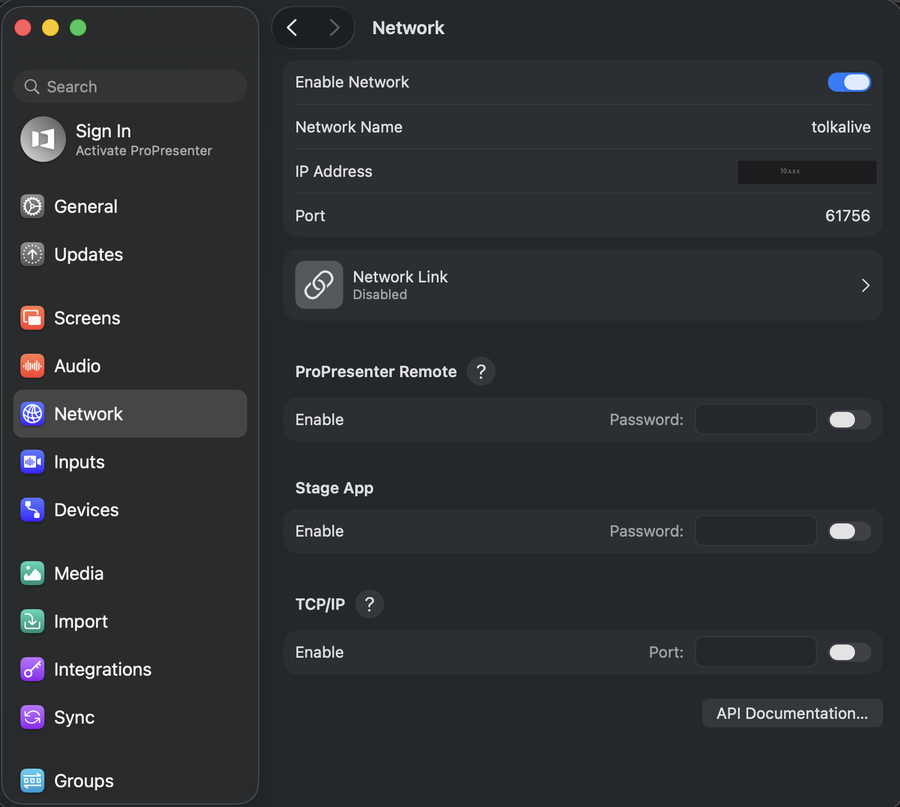 Network-inställningar med Enable Network och Port