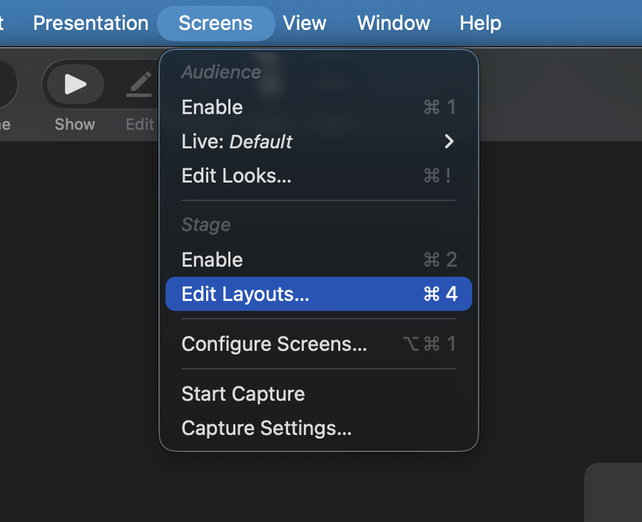 Screens-menyn: Edit Layouts för scenskärmen